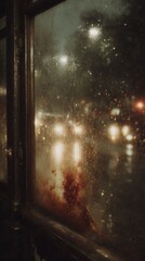 Rainy Night Cityscape  Grunge Window View  Film Grain Texture  Dramatic Lighting