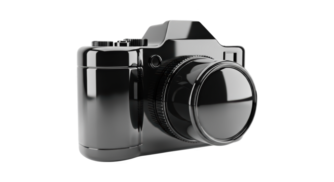 Metallic digital camera rendered on black background for commercial use
