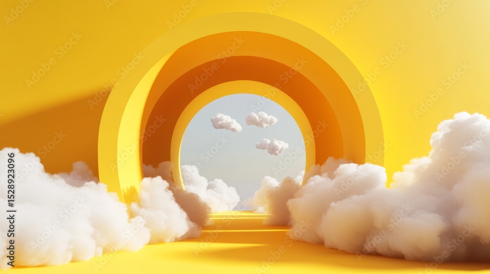 Poster 3d render of abstract minimal yellow background featuring white cloud elements emerging from a circu
