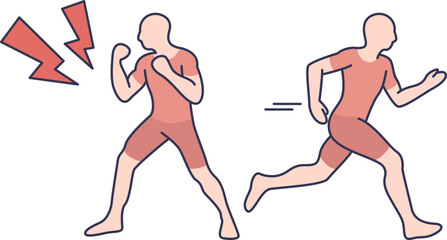 Illustration of fight or flight response with a person ready to fight and another running away. © VectorMine