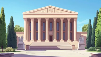 Majestic neoclassical building with columns, steps, and sculptures under a sunny sky.