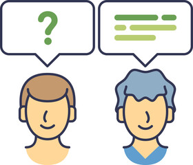 Two people with speech bubbles, one with a question mark, the other with text, symbolizing a Q&A interaction.