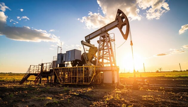 Oil pump jack silhouette at sunset in a rural field Energy industry equipment extracting natural resources - Powered by Adobe