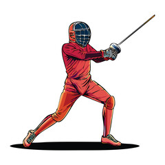 Colorful vector illustration of a fencer mid-lunge with foil extended, agile posture