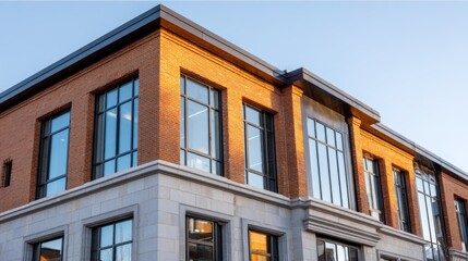Obraz premium Modern redbrick building facade with sleek reflective windows capturing a vibrant fiery sunset, blending urban warmth and contemporary design, copy space on right side