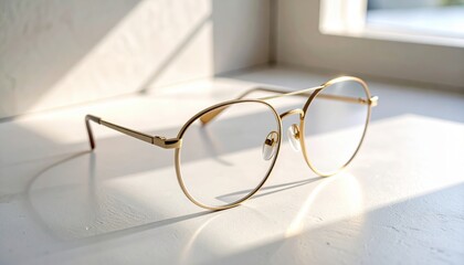 Stylish Gold Metal Frame Eyeglasses Resting on White Surface in Sunlight