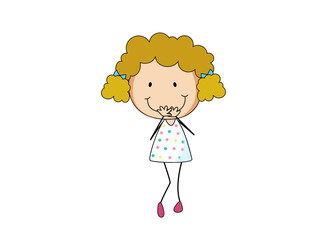 Cute cartoon girl with curly hair covering mouth