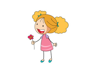 Happy little girl holding a flower cartoon illustration