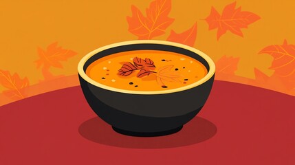 Autumnal delights: A warm bowl of pumpkin soup with falling maple leaves