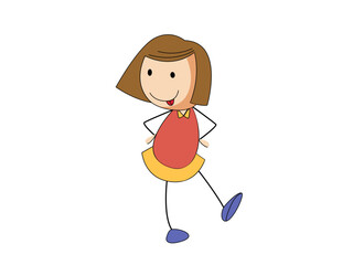 Happy cartoon girl with brown hair and red dress