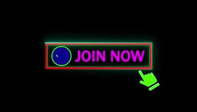 Glowing neon green color pink text cursor animation pointing towards join now button in looping with transparent background.