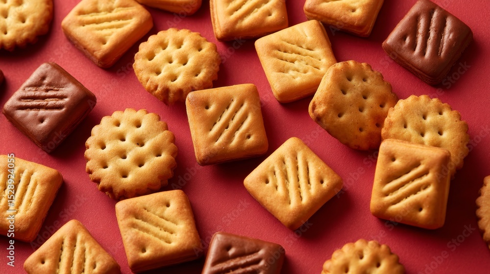 Poster medium shot of neatly arranged golden and chocolate biscuits on warm coral background showcasing tex