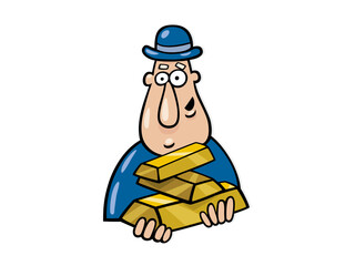 Cartoon man holding stack of gold bars