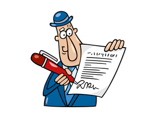 Cartoon businessman signing important document