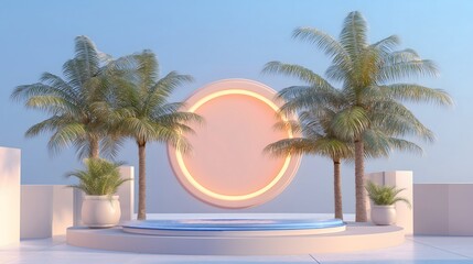 Tropical outdoor stage featuring palm trees and a glowing backdrop at sunset