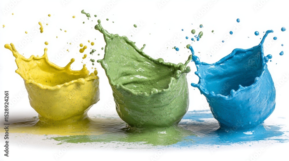 Poster Dynamic midair capture of colorful oil paint splashes in motion against a pristine white background with sharp detail, vibrant textures, and a sense of energetic movement with ample copy space on the