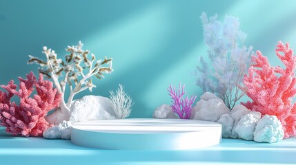 Colorful underwater scene featuring coral, sea plants, and a circular platform with soft lighting for a tranquil atmosphere