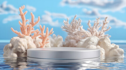 Colorful underwater scene featuring coral, sea plants, and a circular platform with soft lighting for a tranquil atmosphere