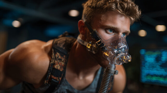 Intense training session of athlete in gas mask indoor gym fitness portrait futuristic environment close-up resilience concept