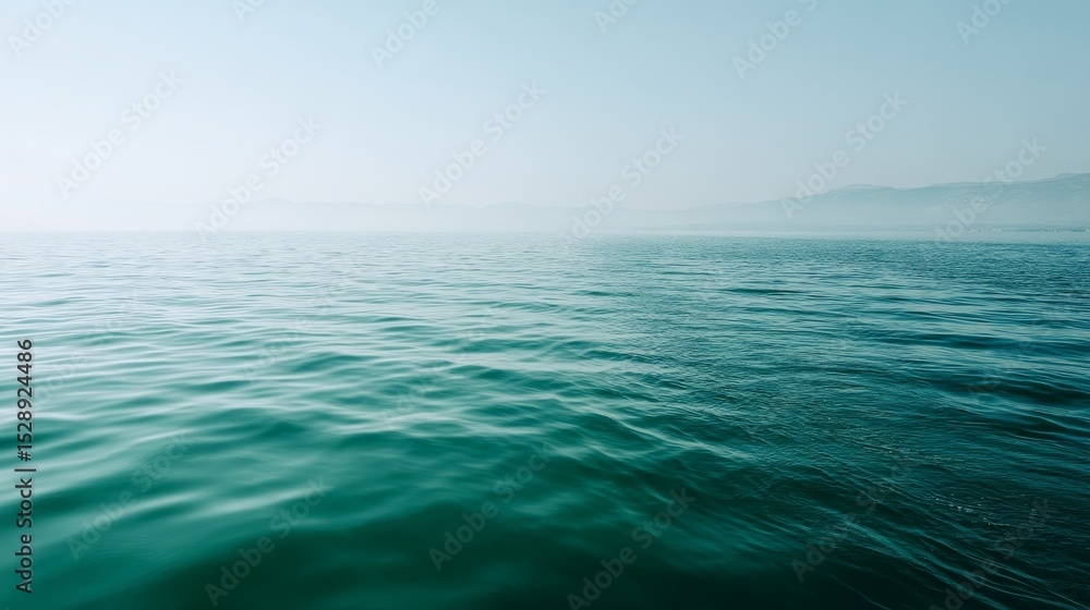 Poster serene midrange side view of calm blue sea surface with soft morning haze and blended horizon creati