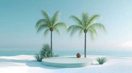 Minimalist stage setup on a serene beach with palm trees and calm ocean view during daylight