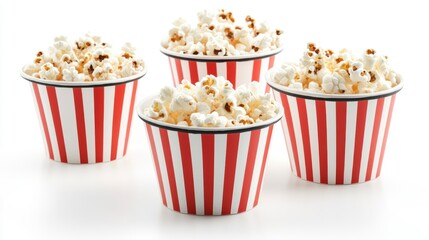Four striped containers filled with popcorn on white background.