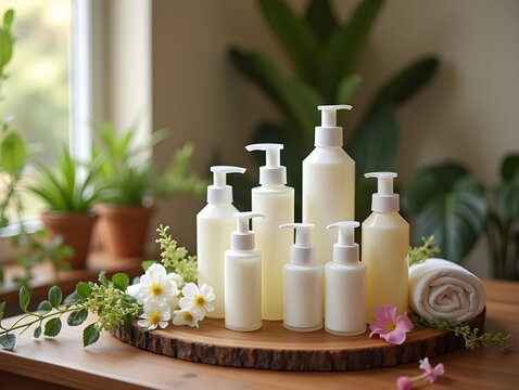 A variety of natural skincare products are arranged on a wooden table, surrounded