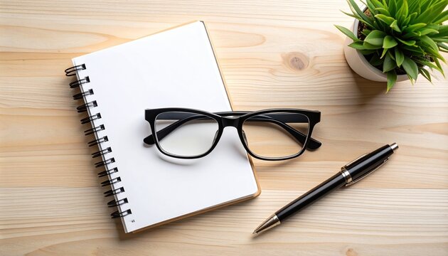 Blank Spiral Notebook with Eyeglasses and Pen on Wooden Desk Perfect for Office Study or Work