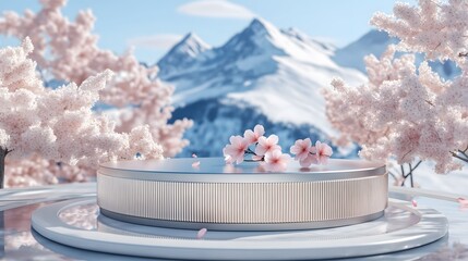 Serene landscape with blooming cherry blossoms and tranquil water at sunrise in a peaceful mountain setting
