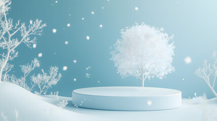 Winter wonderland display featuring a snowy scene with a miniature Christmas tree and decorative elements