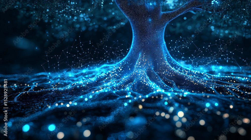 Poster glowing abstract tree roots representing technological and biological connectivity