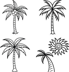 Obraz premium A simple line drawing of a tropical tree, palm tree, coconut tree outline photo linear cartoon doodle line art icon sign silhouette vector illustration 