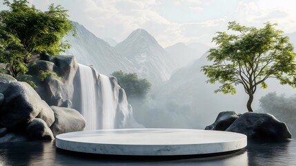 Stylish modern fountain surrounded by lush greenery and soft waterfalls in serene outdoor setting