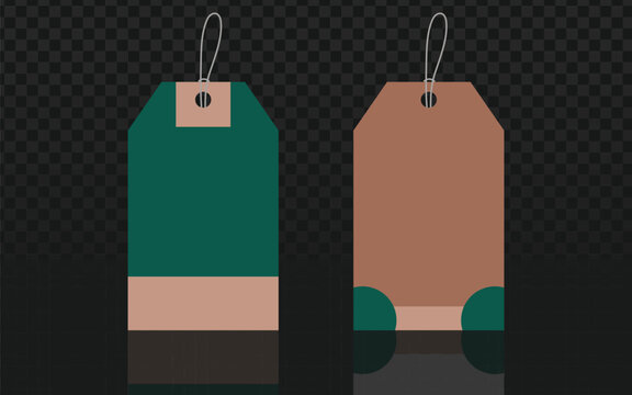 two blank rectangular hang tags, one teal with a brown accent and one brown with teal accents, both with string and ideal for product labeling.