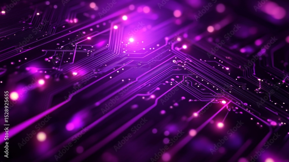 Poster abstract purple circuit board background with glowing digital lines and futuristic technology elemen