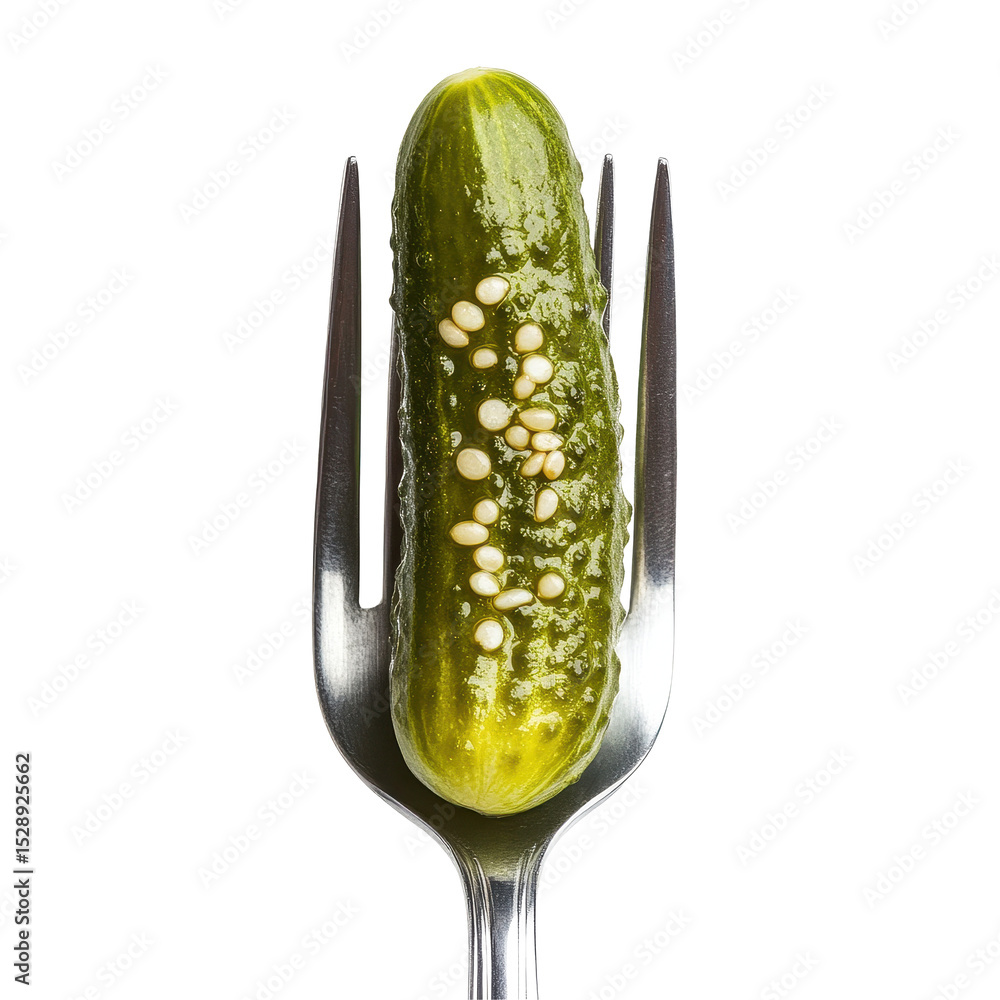 Poster delicious pickled cucumber served on a fork against a clean transparent background, pickled cucumber