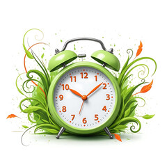 Vibrant Green Alarm Clock with Orange Accents, Leaves, and Splashes Illustrating Freshness and Awakening