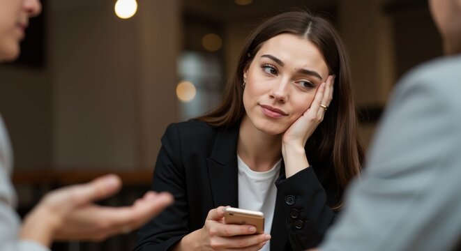 Young woman looking bored during meeting in modern office setting