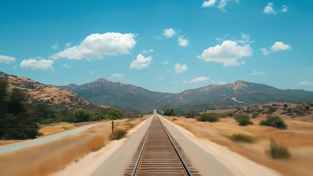 Scenic Railroad Tracks Through Dry Grassy Hills Under a Clear Blue Sky with Scattered Clouds In A Natural Lighting