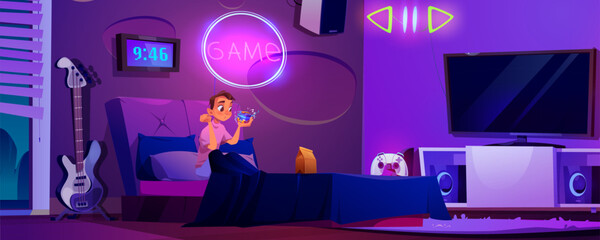 Teen boy sits on bed holding sci-fi magic cube in hands in purple neon bedroom with gaming console controller on shelf, electric guitar, wall clock and tv. Modern youth room with vibrant lighting.