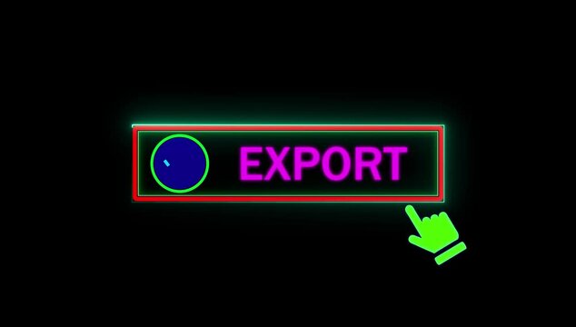 Glowing neon green color pink text cursor animation pointing towards export button in looping with transparent background.