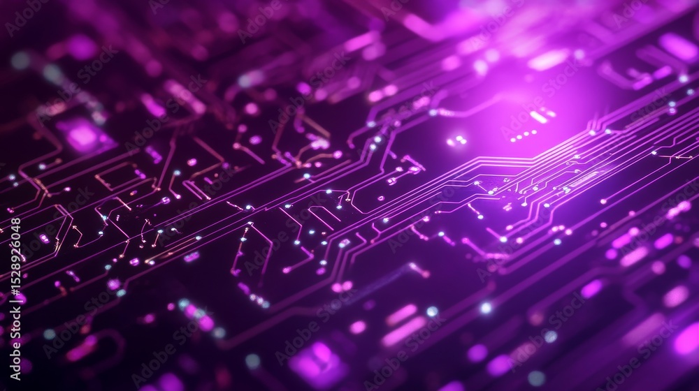 Poster abstract purple circuit board background with glowing digital lines and futuristic technology elemen