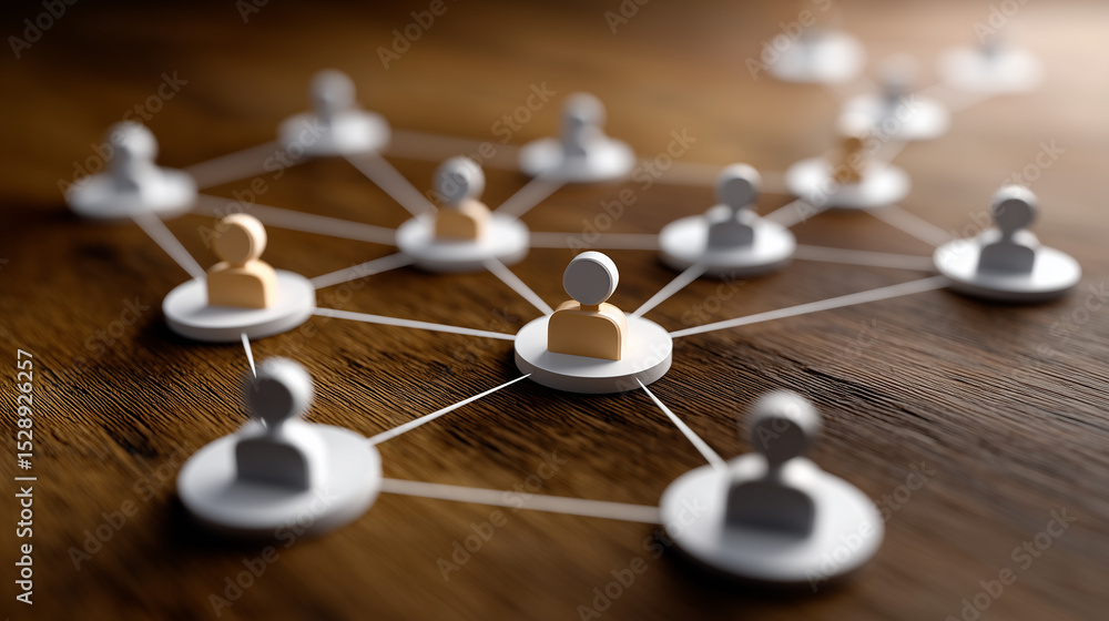 Poster abstract depiction of a social network connection with wooden figures and circular bases on a wooden