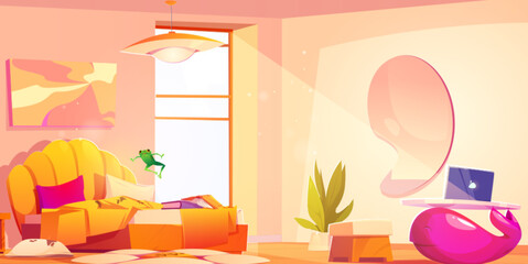 Green frog jumps on cozy bedroom bed - yellow shell headboard, pink cushions, peach walls with in modern interior with potted plant, table with laptop. Wild amphibian in peaceful sleeping space.
