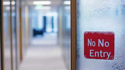 Close-up of a frost-covered office door displaying a prominent "No Entry" sign, blurred corporate hallway visible through textured glass symbolizing hiring freeze and economic uncertainty