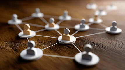 Abstract depiction of a social network connection with wooden figures and circular bases on a wooden surface representing community and interaction dynamics