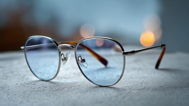 Stylish eyewear with silver frame and blue tinted lenses on a textured surface capturing modern fashion and elegance in soft ambient light
