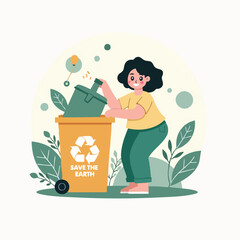 Little Girl Throwing Trash in Orange Recycle Bin – Cute Flat Earth Day Art.