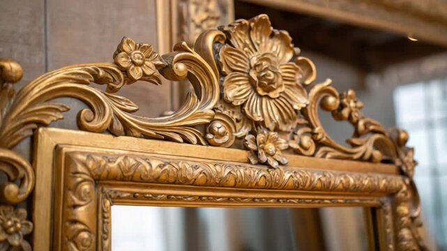 Rococo wedding concept. An ornate, gold decorative mirror frame with elaborate floral and scrollwork carvings in a classical style.