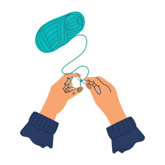 Knitting. Hands hold a knitted fabric on the needles. Hobby, handmade, handicraft.